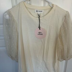 Women’s L After Market Mesh Dot Cream Ivory Puff Sleeve Top NWT
